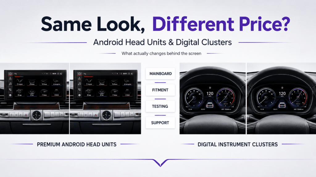 ราคาของระบบบันเทิงในรถยนต์ Android และแผงแสดงข้อมูลดิจิทัล: ดูเหมือนกัน แต่ราคาต่างกันมาก