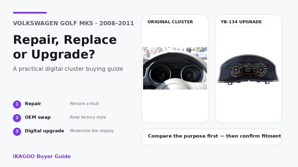 คู่มือการซื้อ VW Golf MK5 คลัสเตอร์หน้าปัดดั้งเดิมและ YB-134 ดิจิทัลคลัสเตอร์อัปเกรด