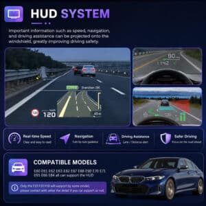 BMW X5 E70 digital cluster HUD system projecting speed navigation and driving assistance