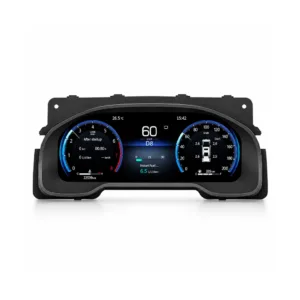 ภาพด้านหน้าผลิตภัณฑ์จอแสดงผลดิจิทัลสำหรับ Toyota Tundra บนพื้นหลังสีขาว แสดง UI มาตรวัดวงกลมคู่