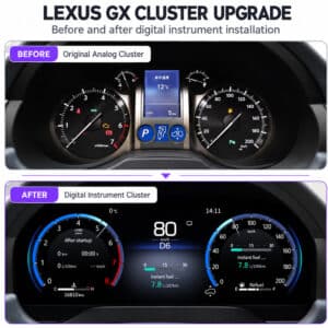 การเปรียบเทียบก่อนและหลังของมาตรวัดอนาล็อก Lexus GX460 แบบเดิมและแผงหน้าปัดดิจิทัลที่อัปเกรดแล้ว