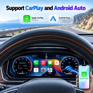 ภาพโปรโมทแสดงอินเทอร์เฟซแดชบอร์ด Apple CarPlay และ Android Auto บนแผงดิจิทัล Lexus GX460