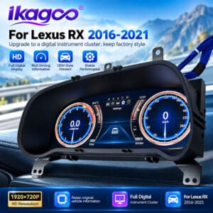 มุมมองแบบเอียงของมาตรวัดดิจิทัล Lexus RX 2016–2021 แสดงมาตรวัดดิจิทัลสไตล์ OEM และข้อมูลรถยนต์ต้นฉบับ
