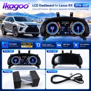 มุมมองด้านหน้าและด้านหลังของมาตรวัดดิจิทัล Lexus RX พร้อมแพ็กเกจและสายเชื่อมต่อ