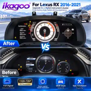 การเปรียบเทียบมาตรวัดก่อนและหลังติดตั้งมาตรวัดดิจิทัล Lexus RX 2016–2021 แสดงแดชบอร์ดสไตล์ OEM